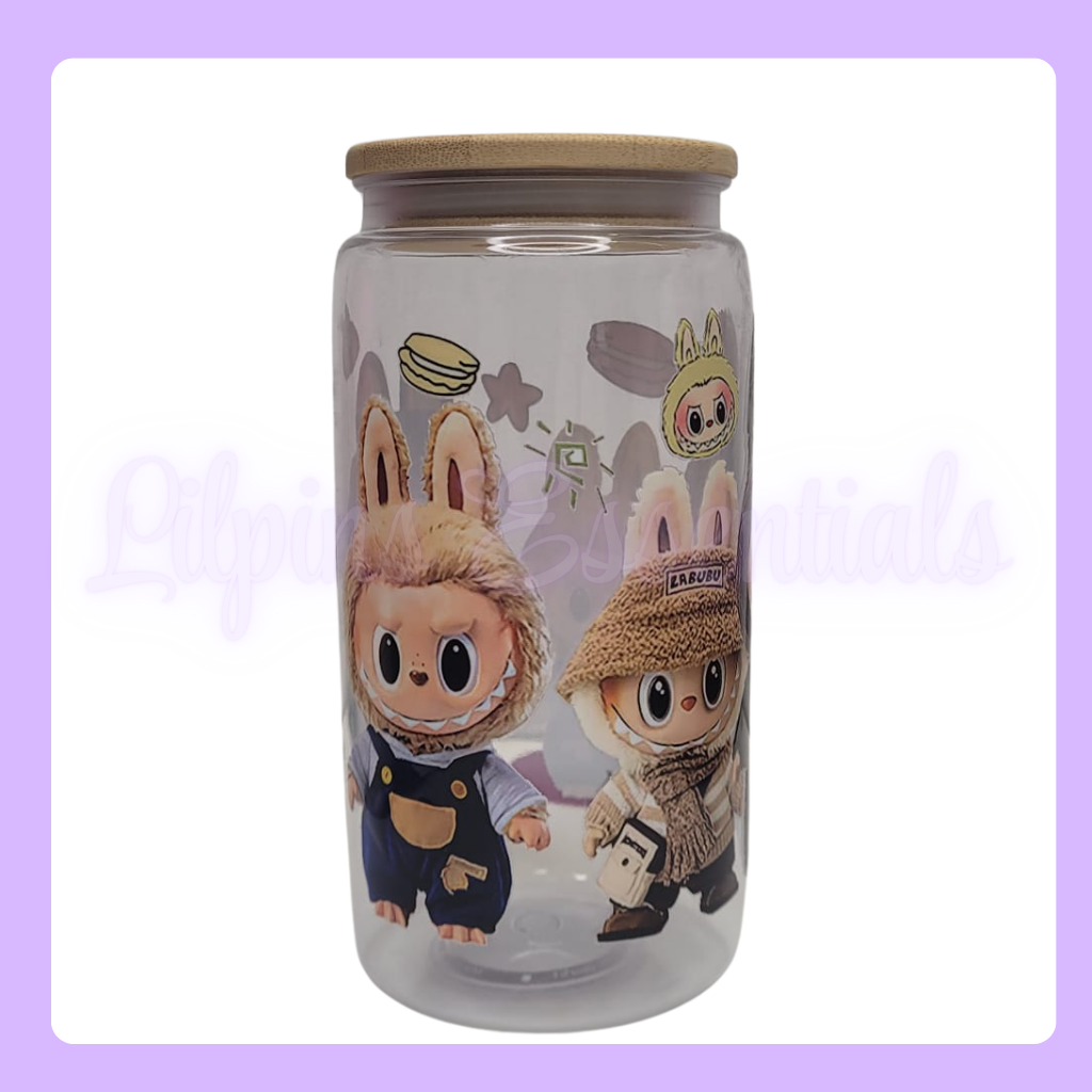 Clear tumbler with labubu designs 