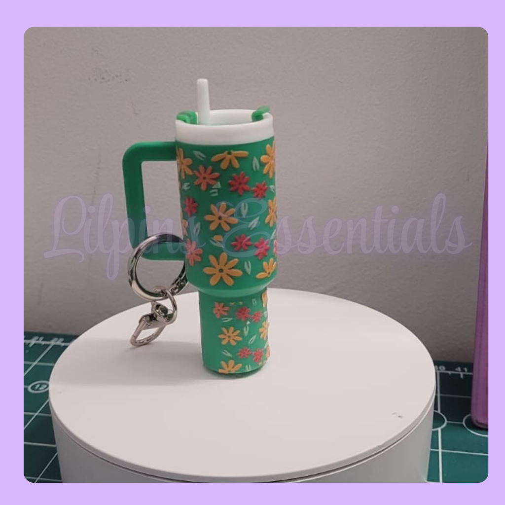 Floral-patterned mini stanley cup keychain 