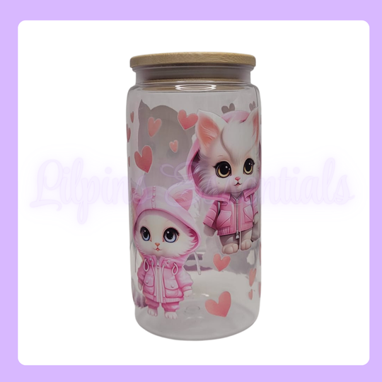 16oz Glass Tumbler with pink hooded cat design 
