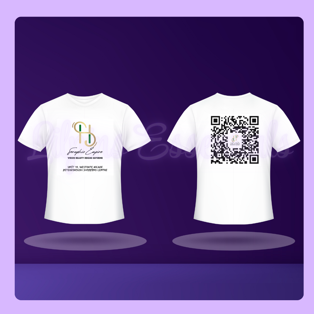 White t-shirt with logo and text on front, QR code on back against a purple background