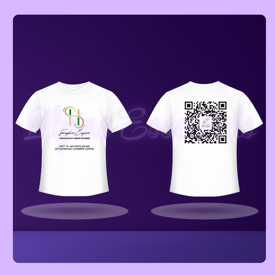 White t-shirt with logo and text on front, QR code on back against a purple background