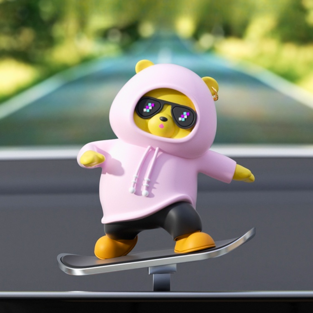 pink Skateboarding Bear Car Dashboard Decor