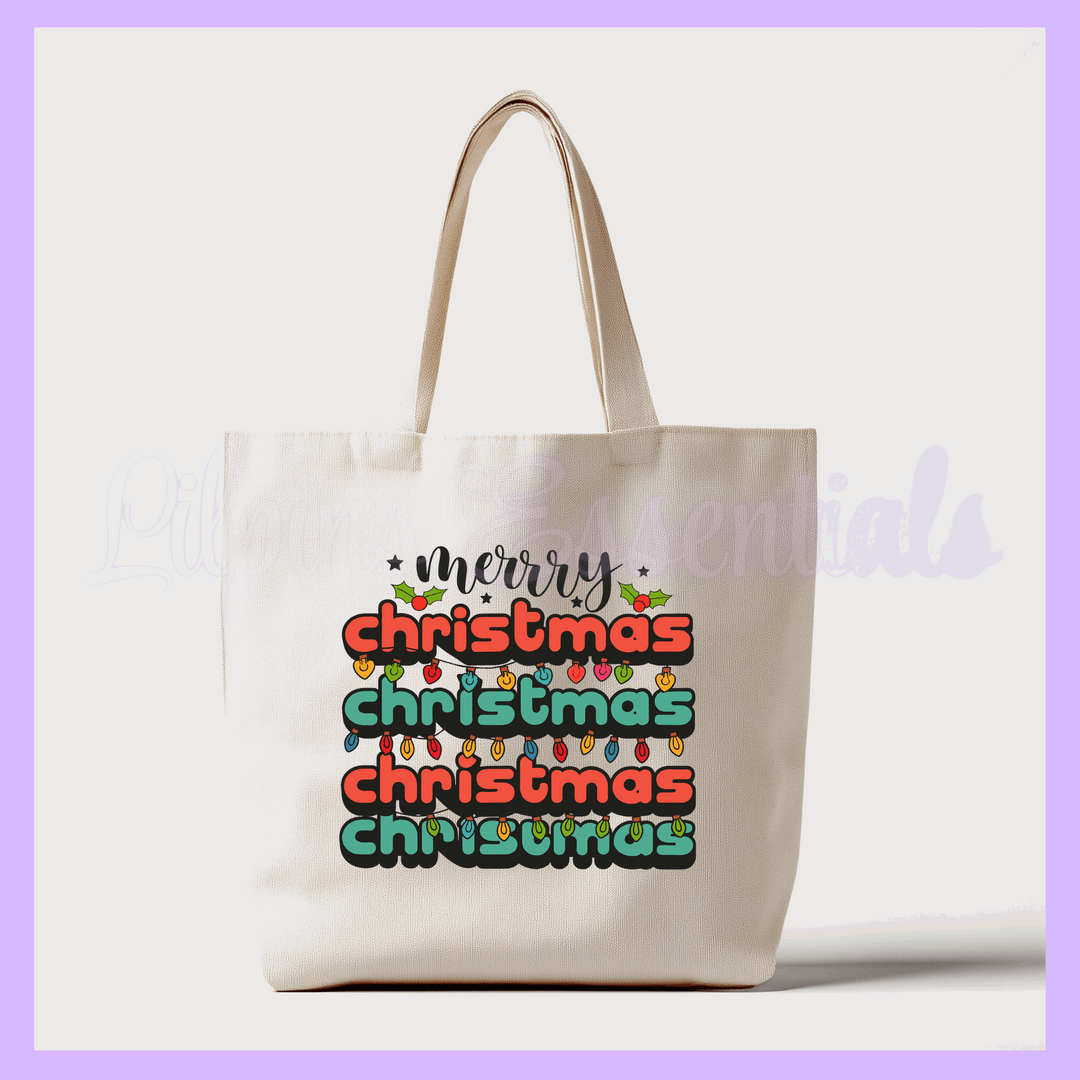 Tote bag with 'Merry Christmas' text design with Christmas lights