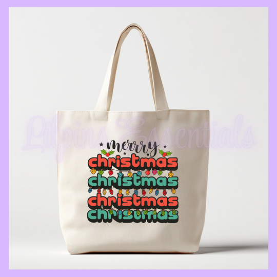 Tote bag with 'Merry Christmas' text design with Christmas lights