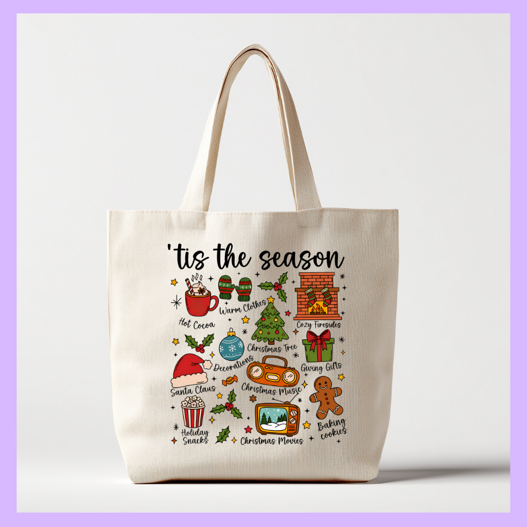 Tote bag with Christmas-themed illustrations and text tis the season