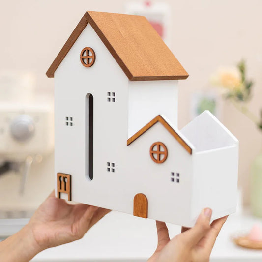 Cute Wooden House Organiser for Remote & Tissue Box