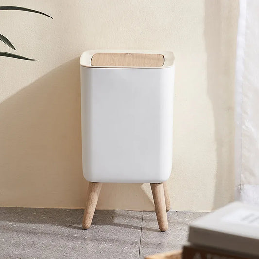 Elegant High Foot Trash Can with Simulated Wood Grain Lid