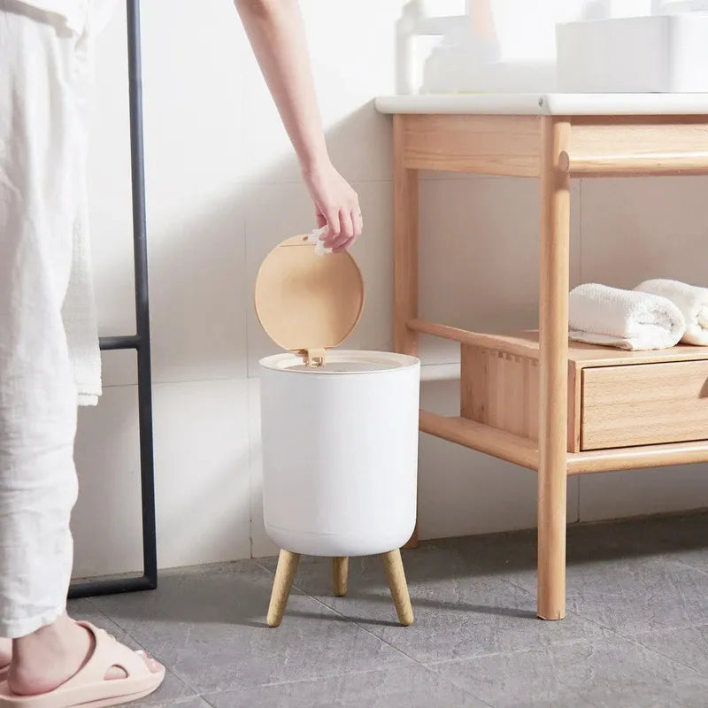Elegant High Foot Trash Can with Simulated Wood Grain Lid