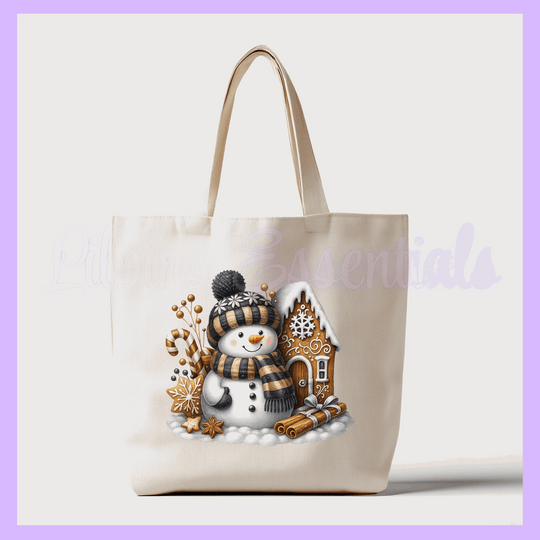 Tote bag with a snowman and gingerbread house design 