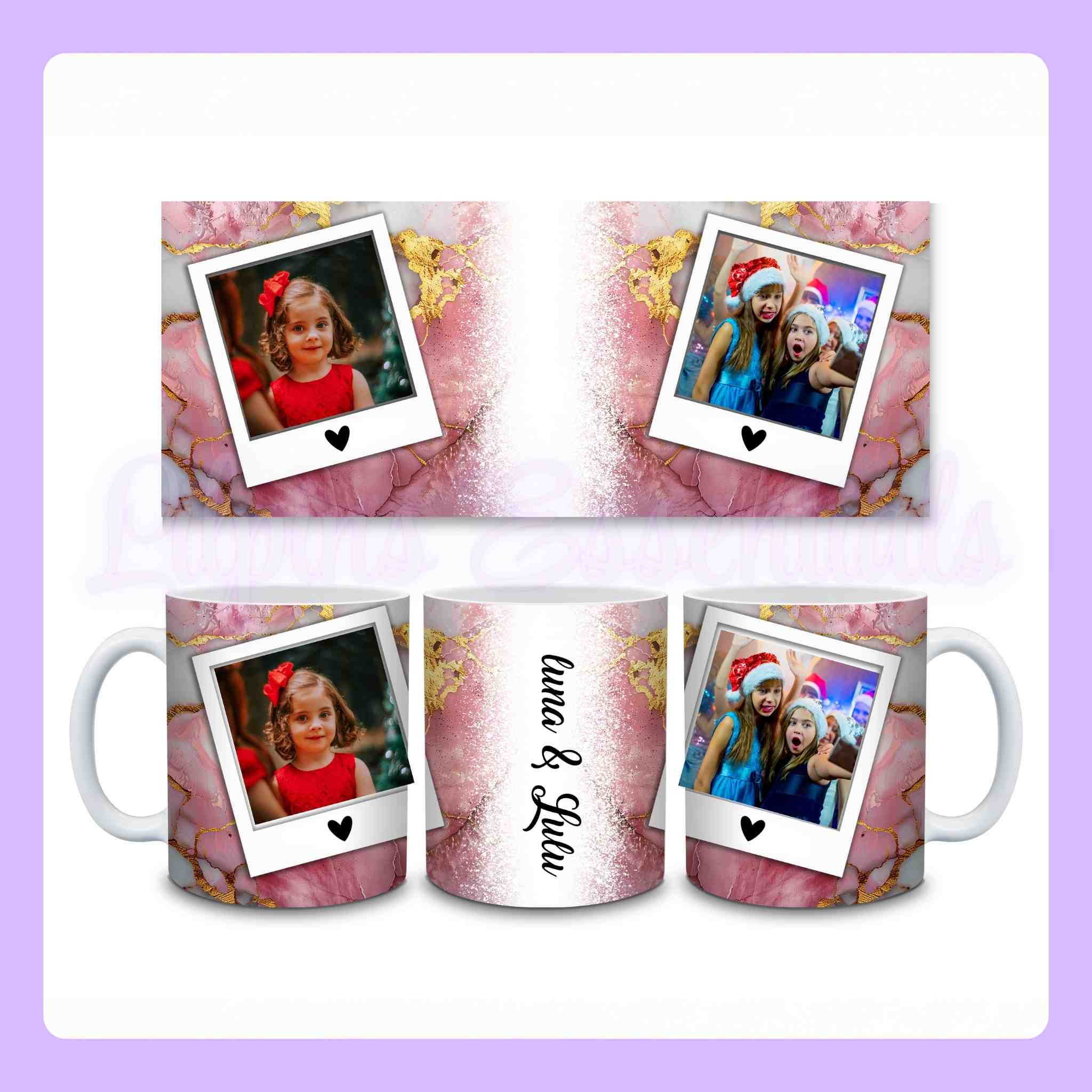 Custom mug with two photos and personalised text printed in full colour