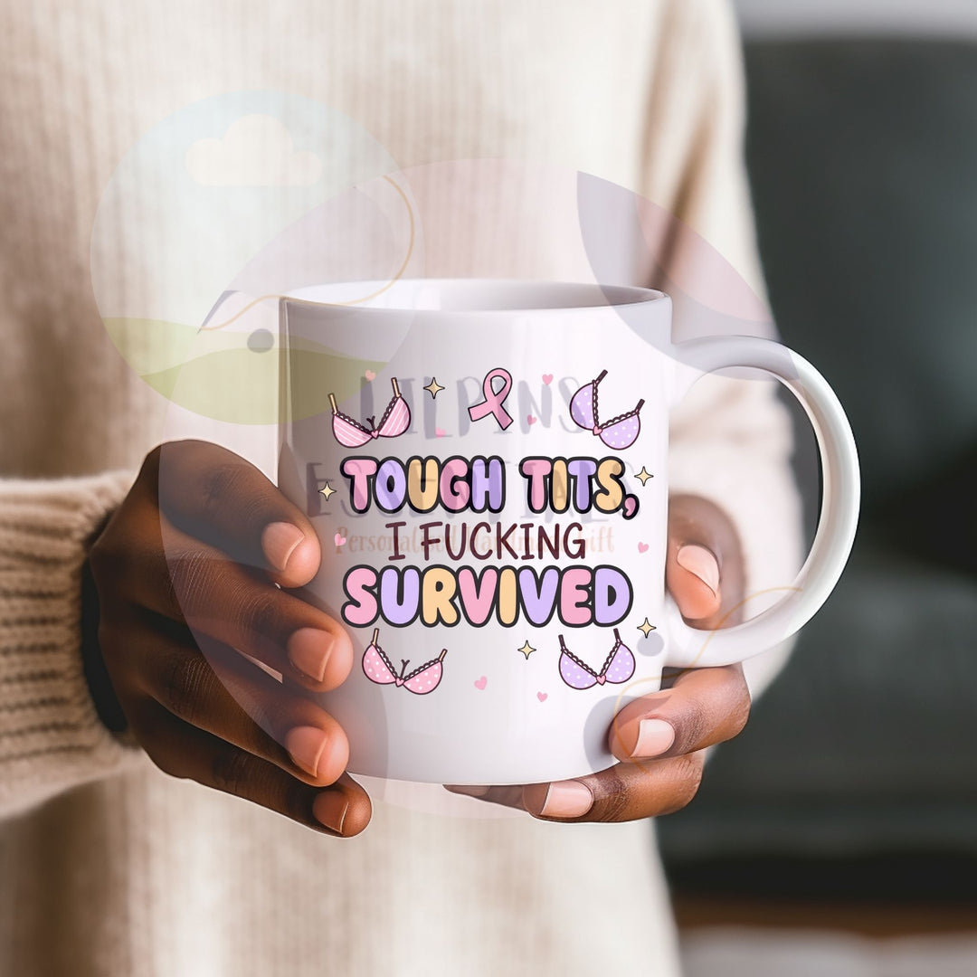 Breast cancer survivor gift mug being held