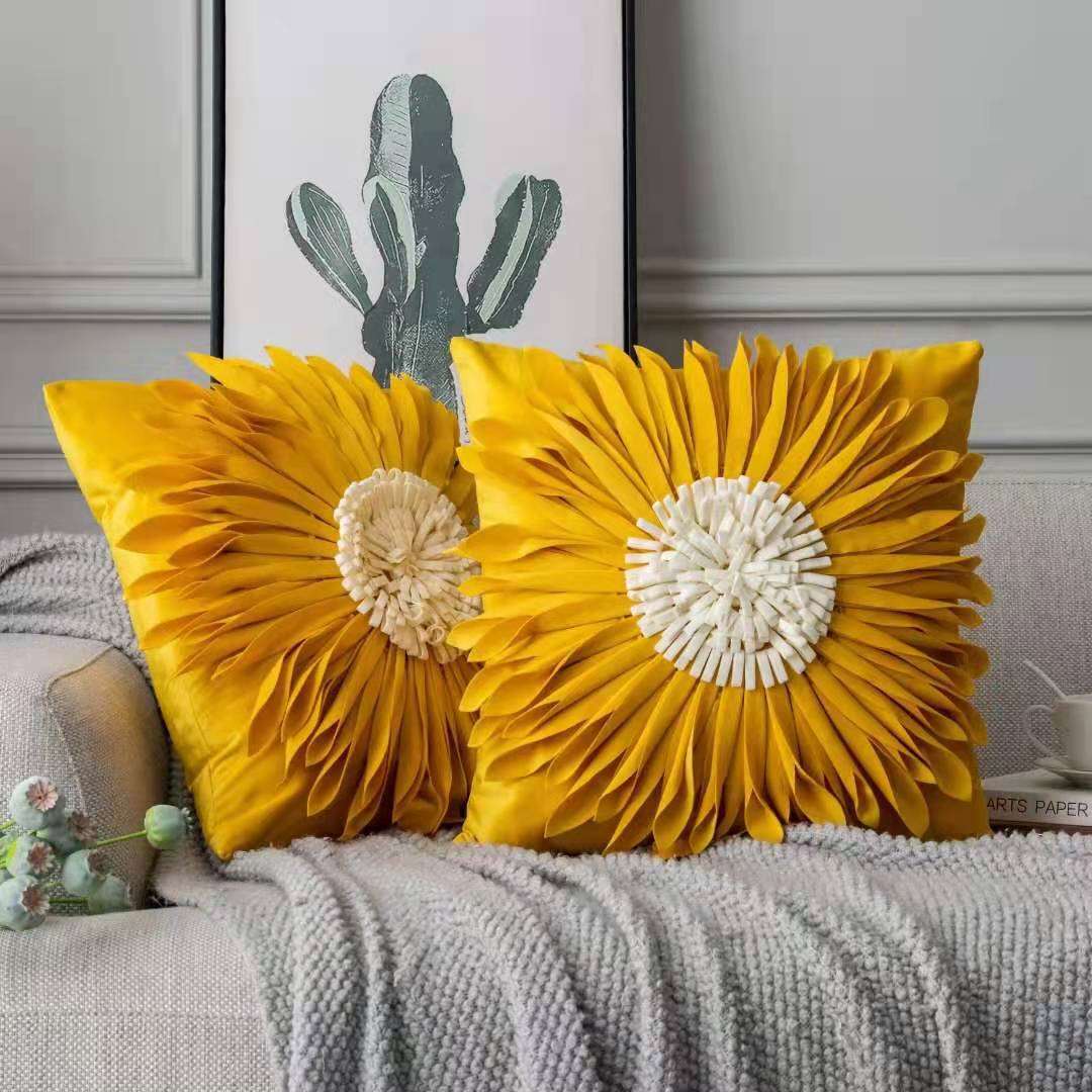 3D Chrysanthemum White Velvet Throw Pillow with Blue Cushion Case