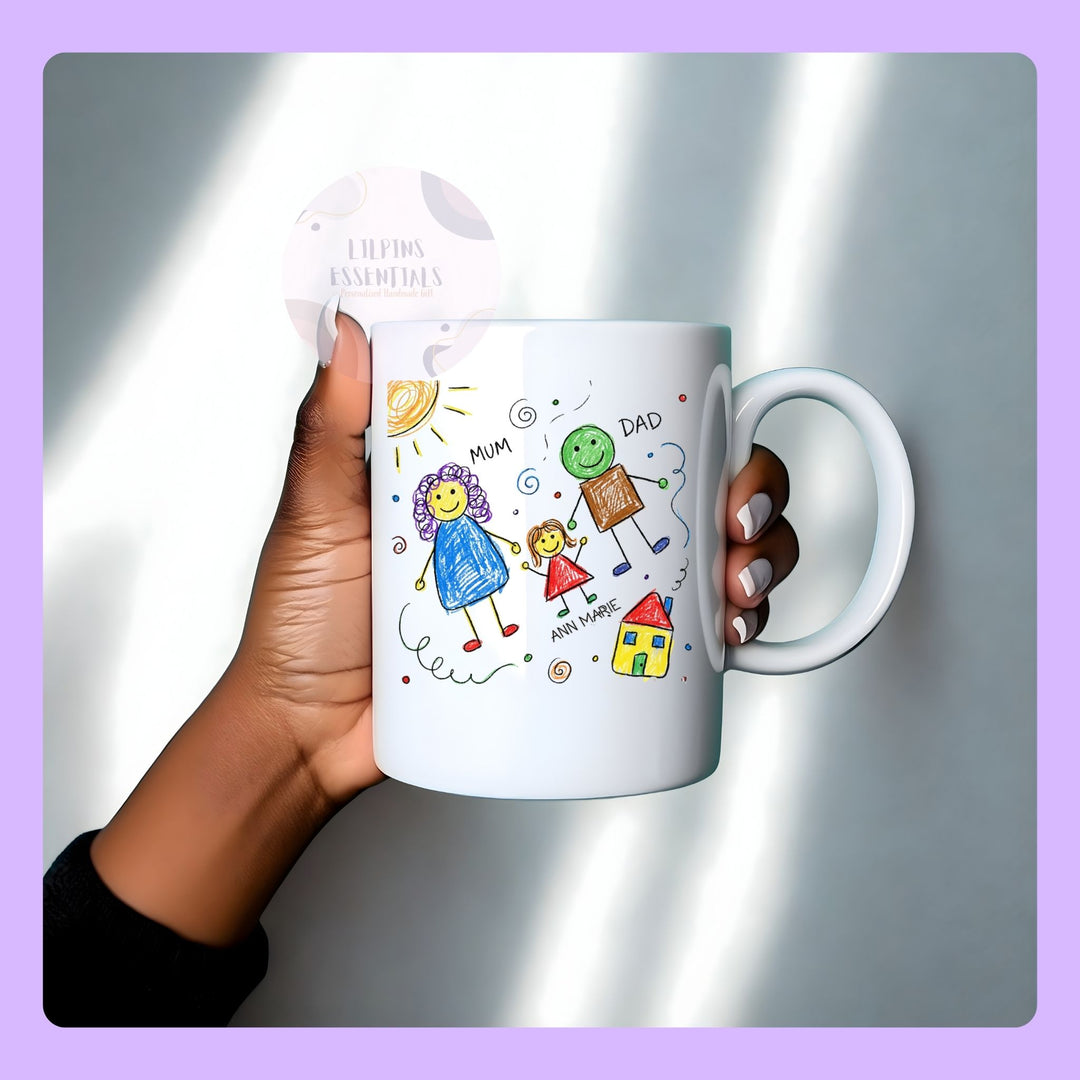 child artwork mug featuring colourful kids drawing personalised gift