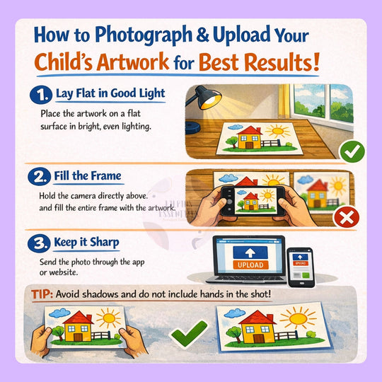 Infographic on how to photograph and upload children's artwork with tips and examples.