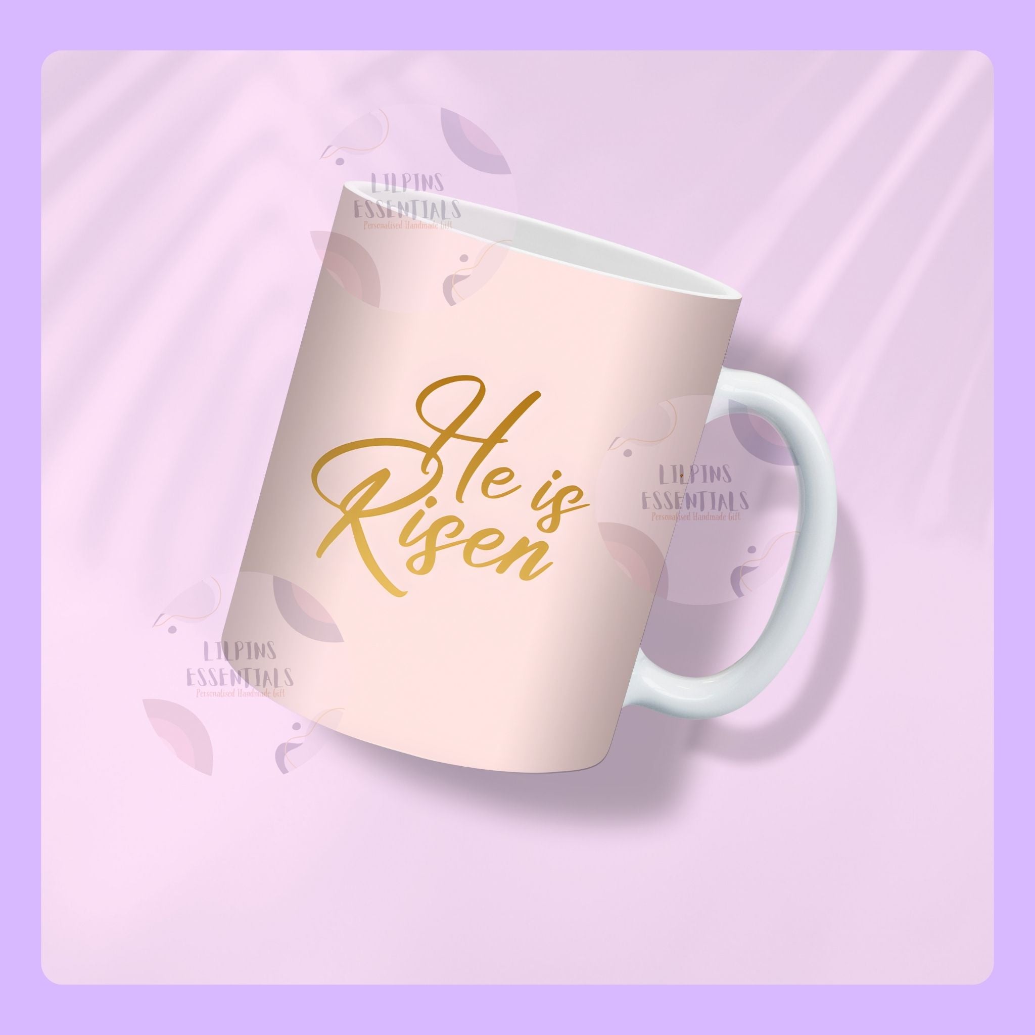 christian easter mug with floral cross design and he is risen message