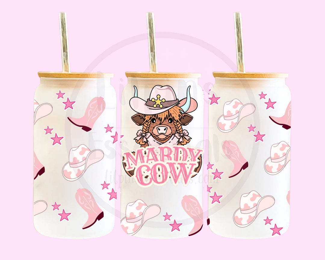 Front and side views of pink cowgirl Highland cow wraparound glass tumbler design