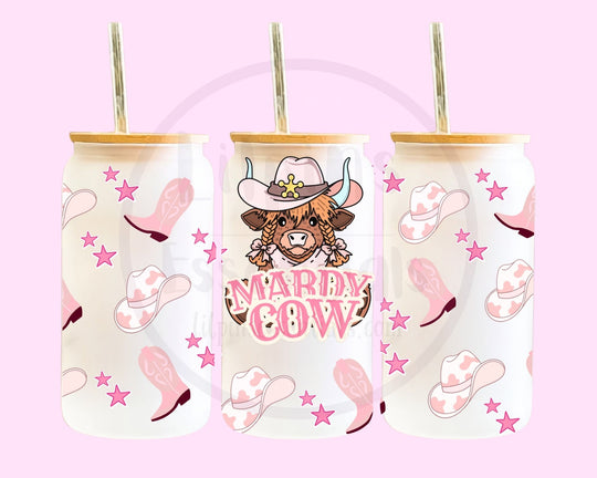 Front and side views of pink cowgirl Highland cow wraparound glass tumbler design