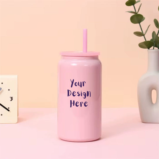 Custom 16oz pink stainless steel tumbler with lid and straw