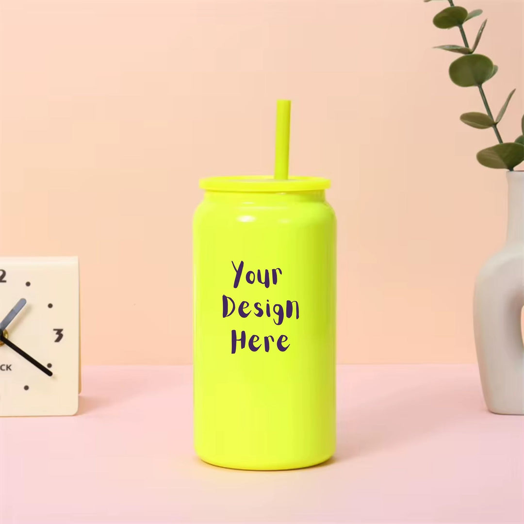 Custom 16oz yellow stainless steel tumbler with lid and straw