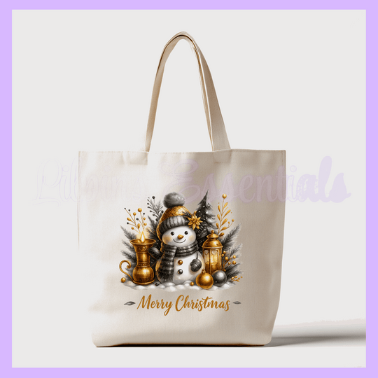 Tote bag with Christmas design featuring a snowman and lanterns 