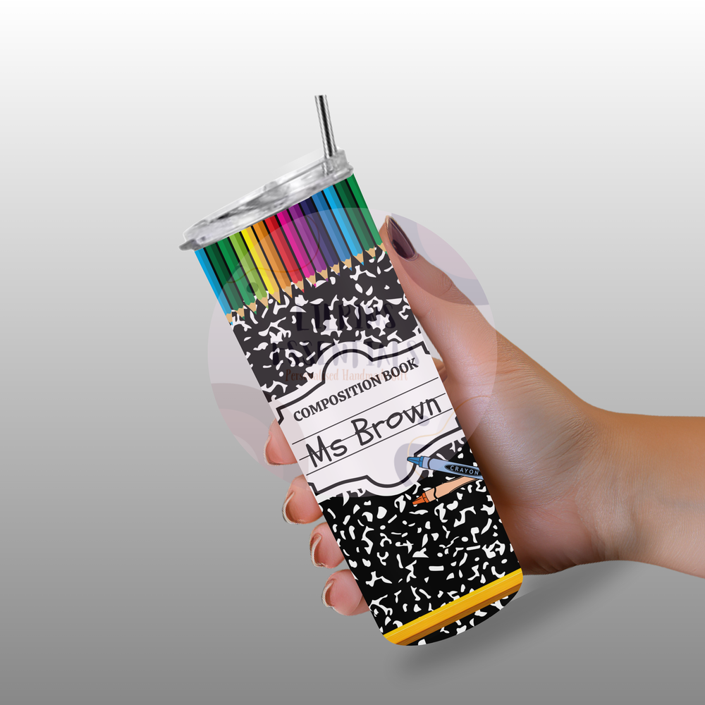 Teacher appreciation tumbler with personalised notebook design