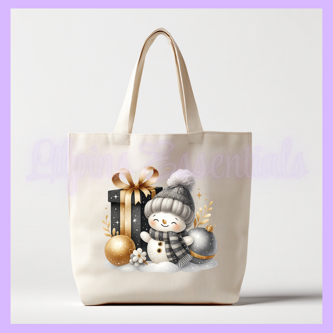 Tote bag with a snowman design featuring a gift and ornaments 