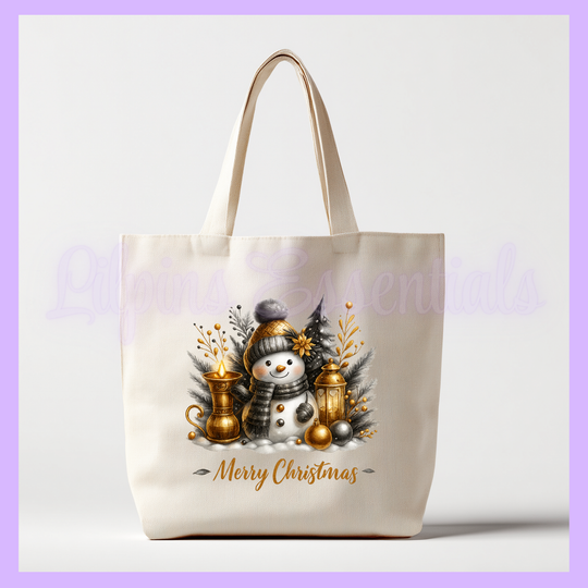 Tote bag with Christmas design featuring a snowman and lanterns 