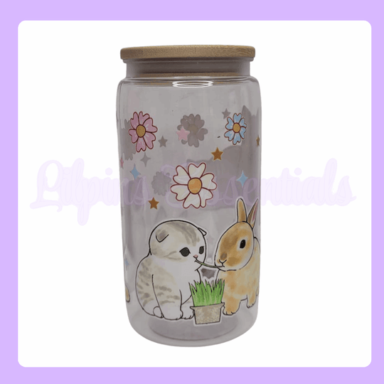 Cute kitten and rabbit 16oz reusable cold cup with straw