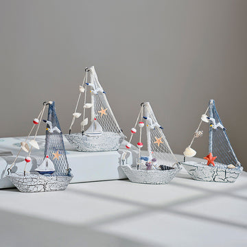 Mediterranean Style Shell Crack Boat Decoration Wooden Sailboat Model Small Ornaments Craft Boat