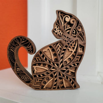 Wood Cat Figurine Handcrafted Cat Sculpture