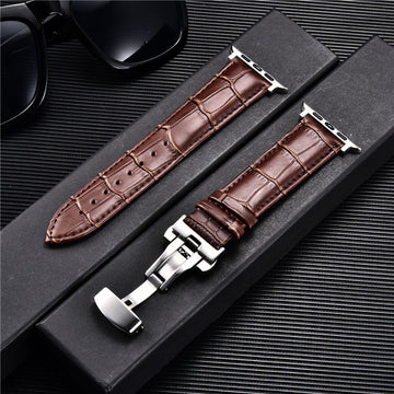 Men's Embossed Leather Butterfly Buckle Watch Strap