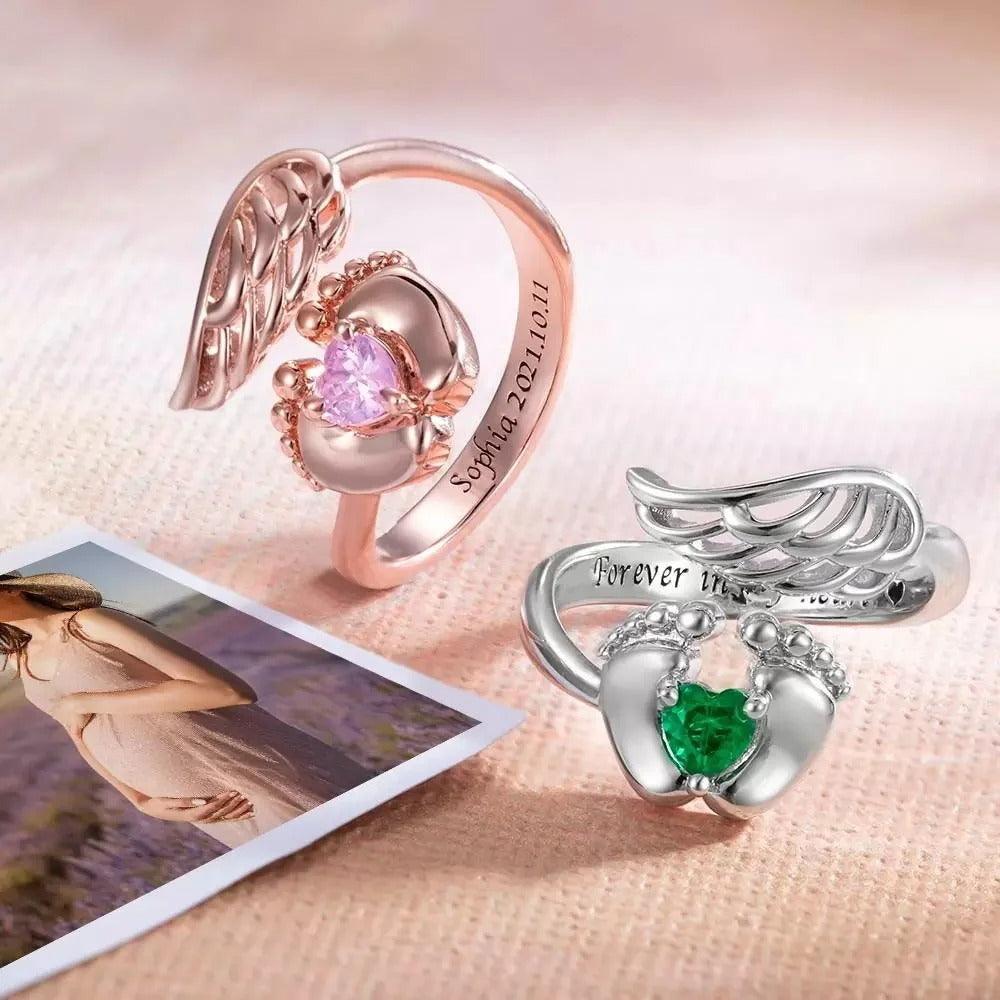 Personalised Sterling Silver Angel Wings Baby Feet Ring - LOX VAULT