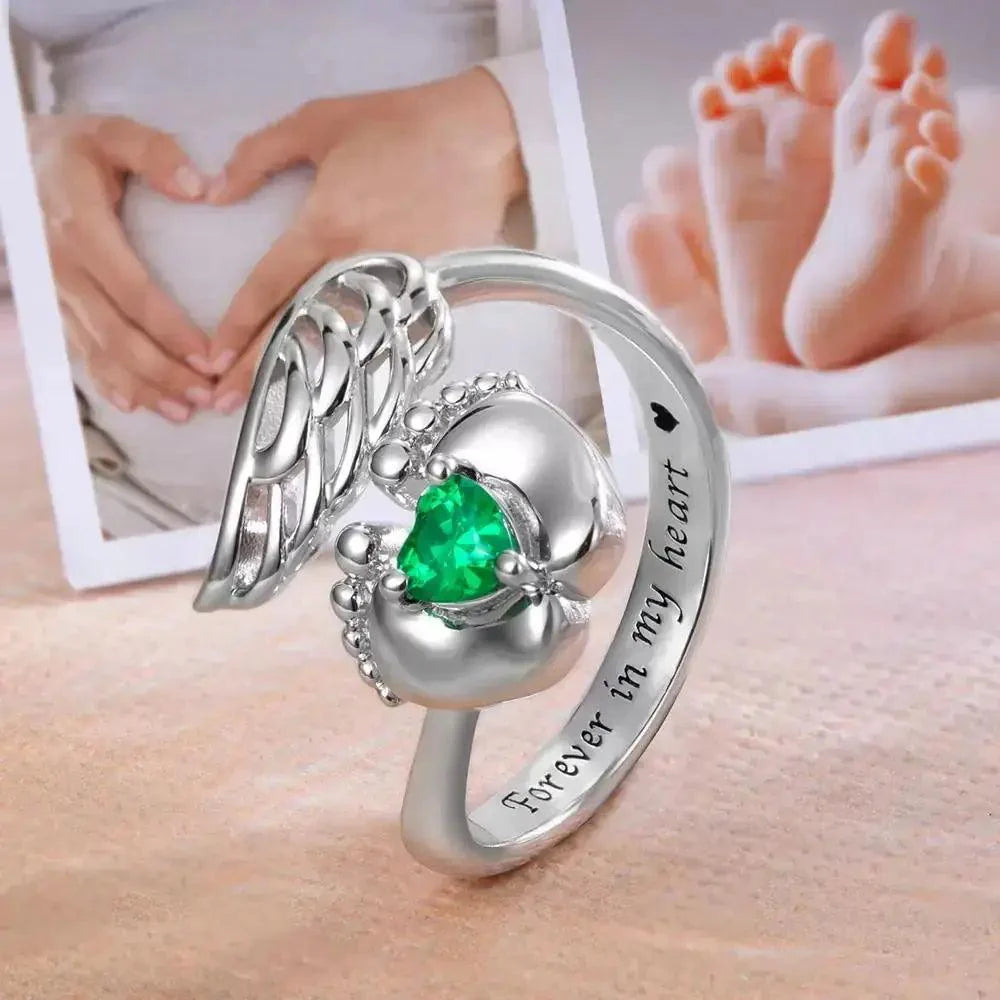 Personalised Sterling Silver Angel Wings Baby Feet Ring - LOX VAULT