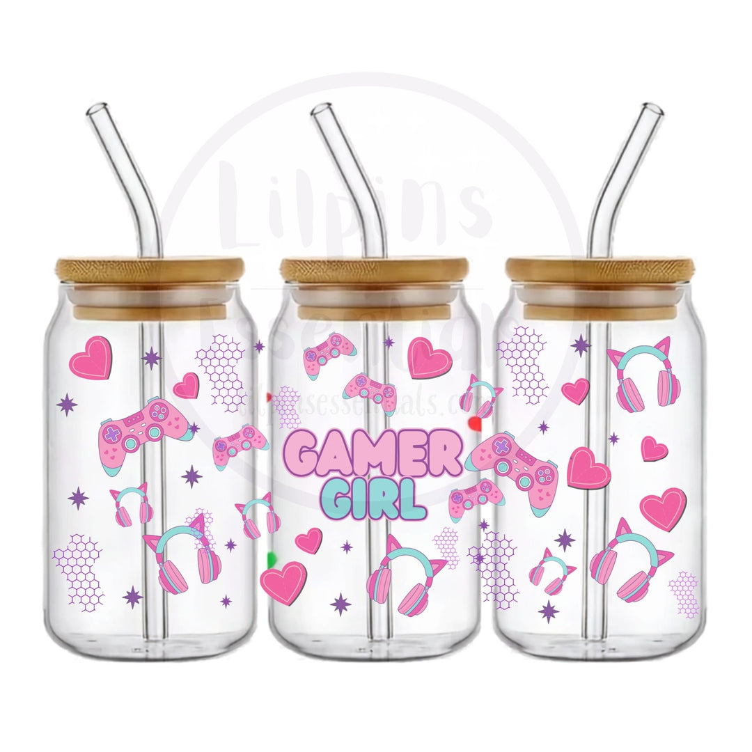 Gamer Girl 16oz glass tumbler with pink controllers, hearts and headphones
