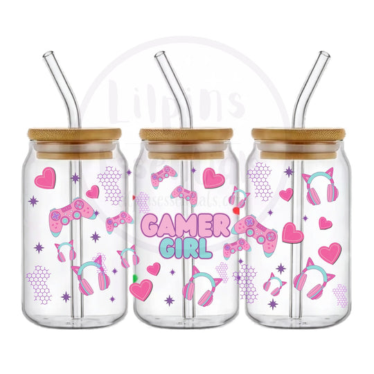Gamer Girl 16oz glass tumbler with pink controllers, hearts and headphones