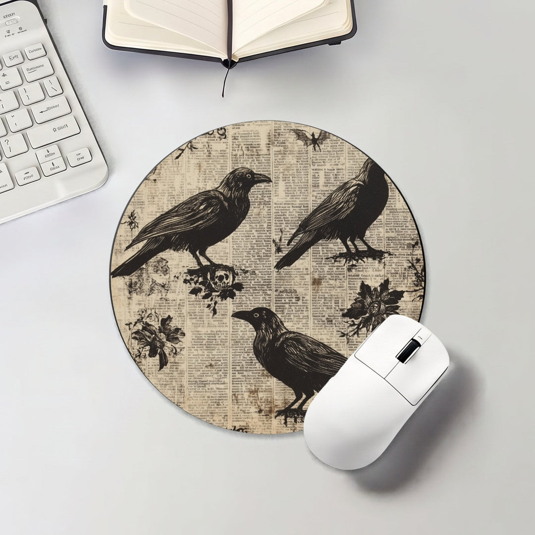 Halloween round mouse pad with black ravens on a vintage script background