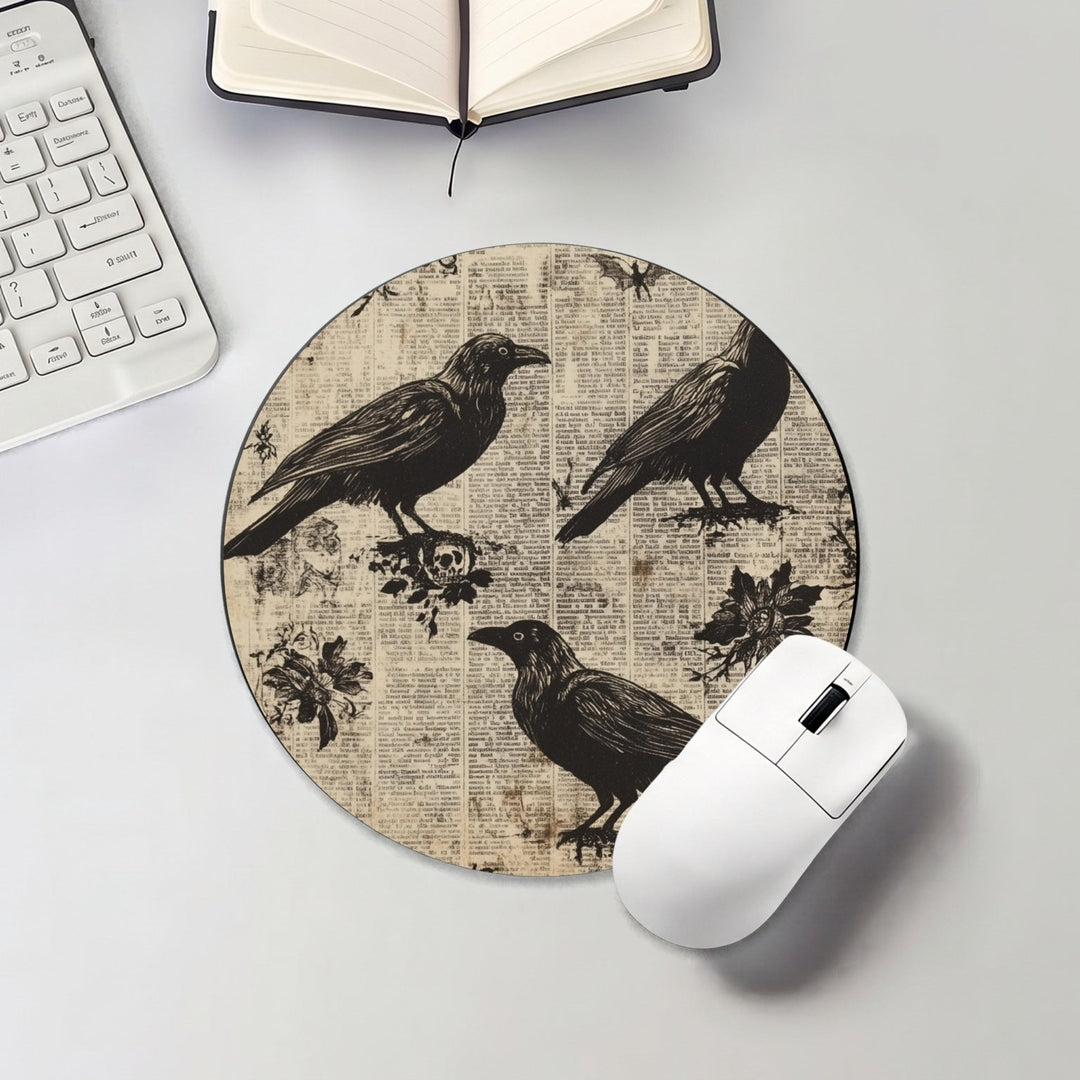 Halloween round mouse pad with black ravens and vintage newspaper collage