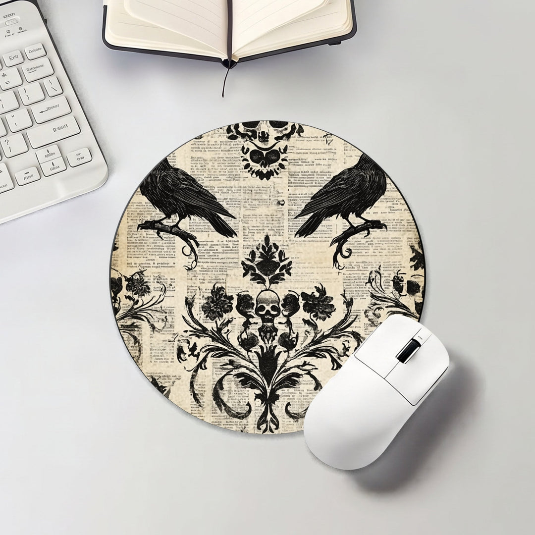 Halloween round mouse pad with ravens and black gothic damask pattern