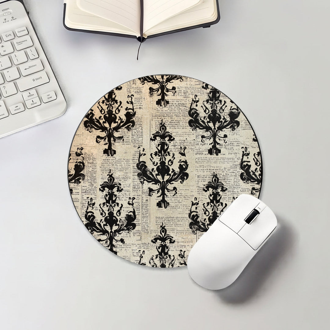 Halloween round mouse pad with ornate black damask on a distressed cream background
