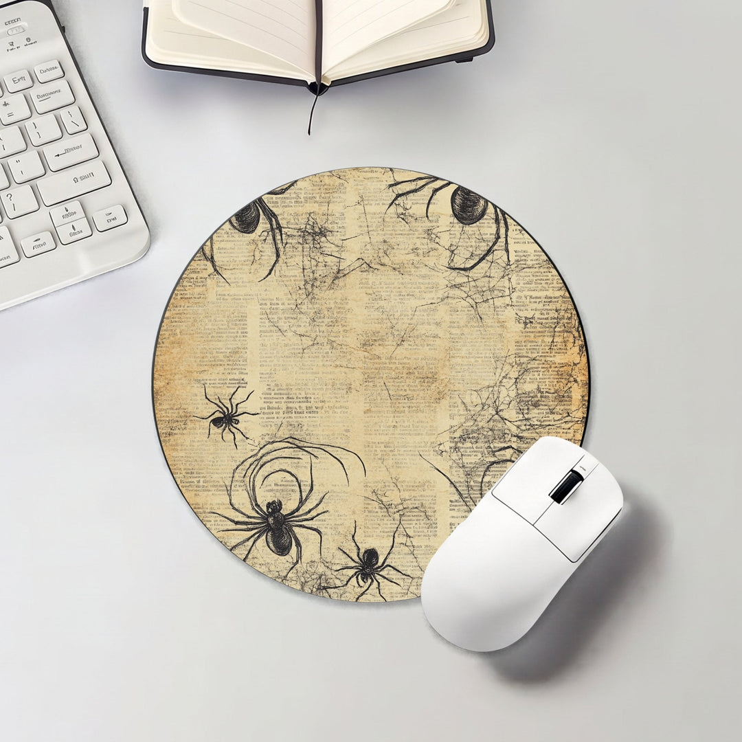 Halloween round mouse pad with spiders and delicate webs on aged paper