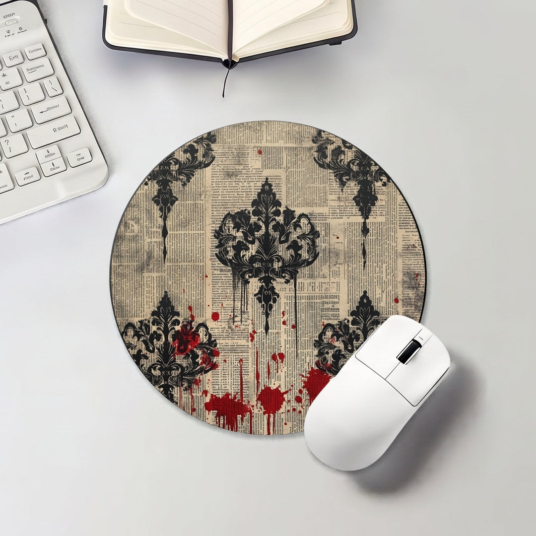 Halloween round mouse pad with gothic ornamental motifs and red splatter accents