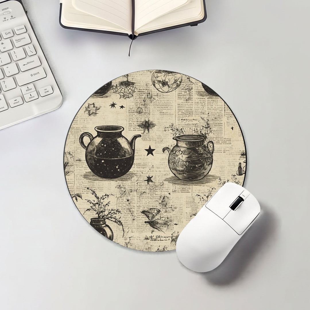 Halloween round mouse pad with vintage potion bottles and celestial details