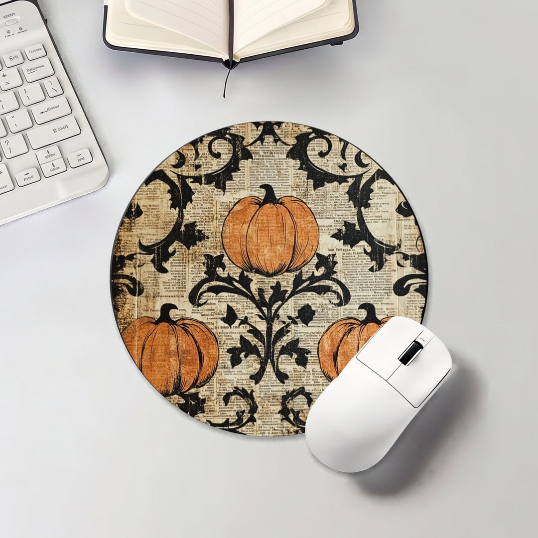 Halloween round mouse pad with orange pumpkins and black gothic damask