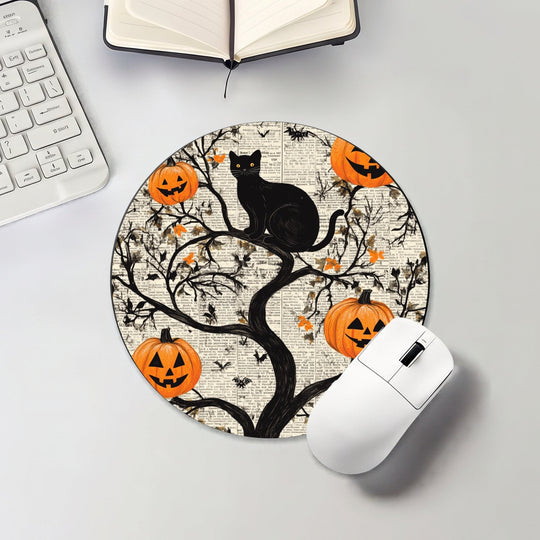 Halloween round mouse pad with black cat, pumpkins and spooky tree branches