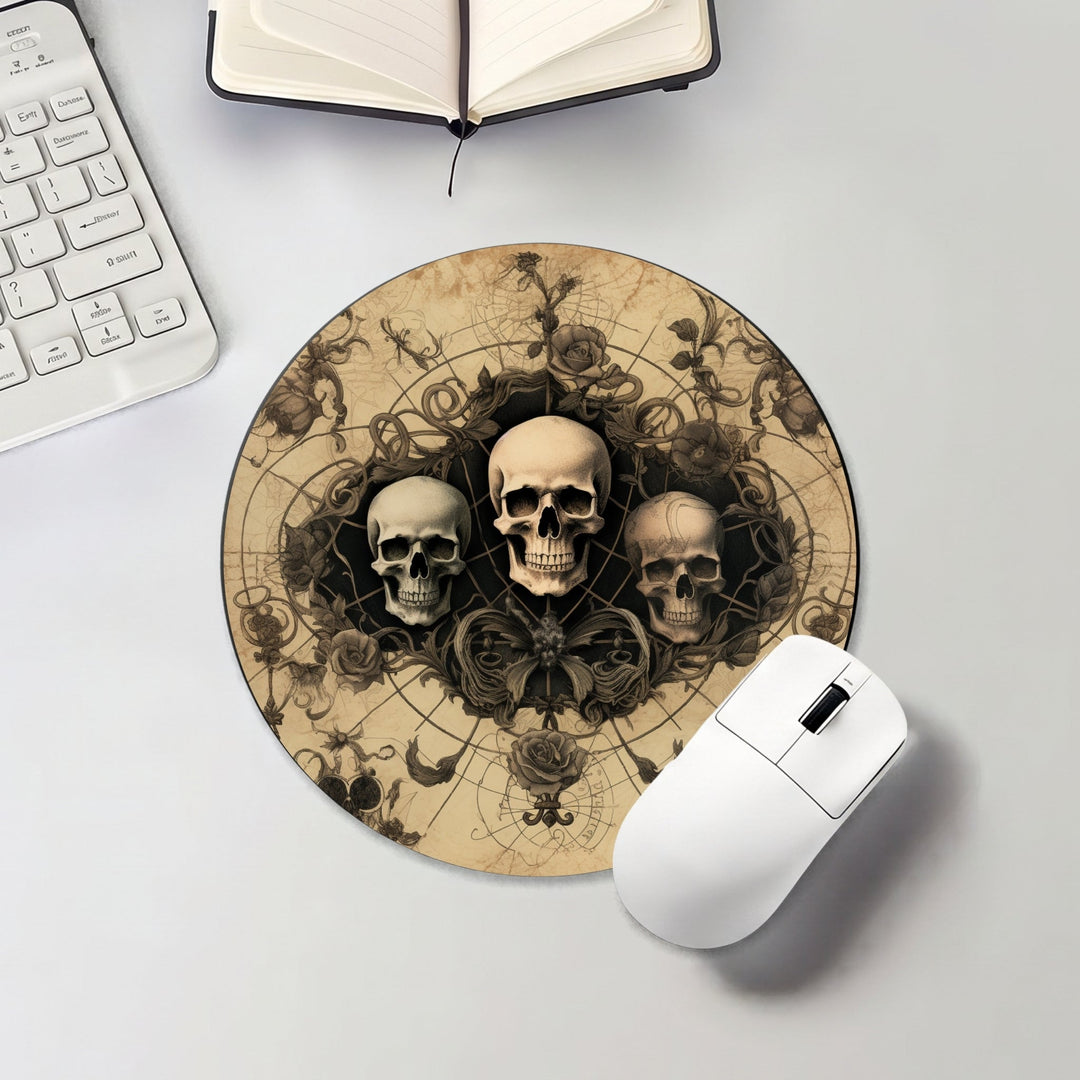 Halloween round mouse pad with vintage skull cluster and gothic floral details