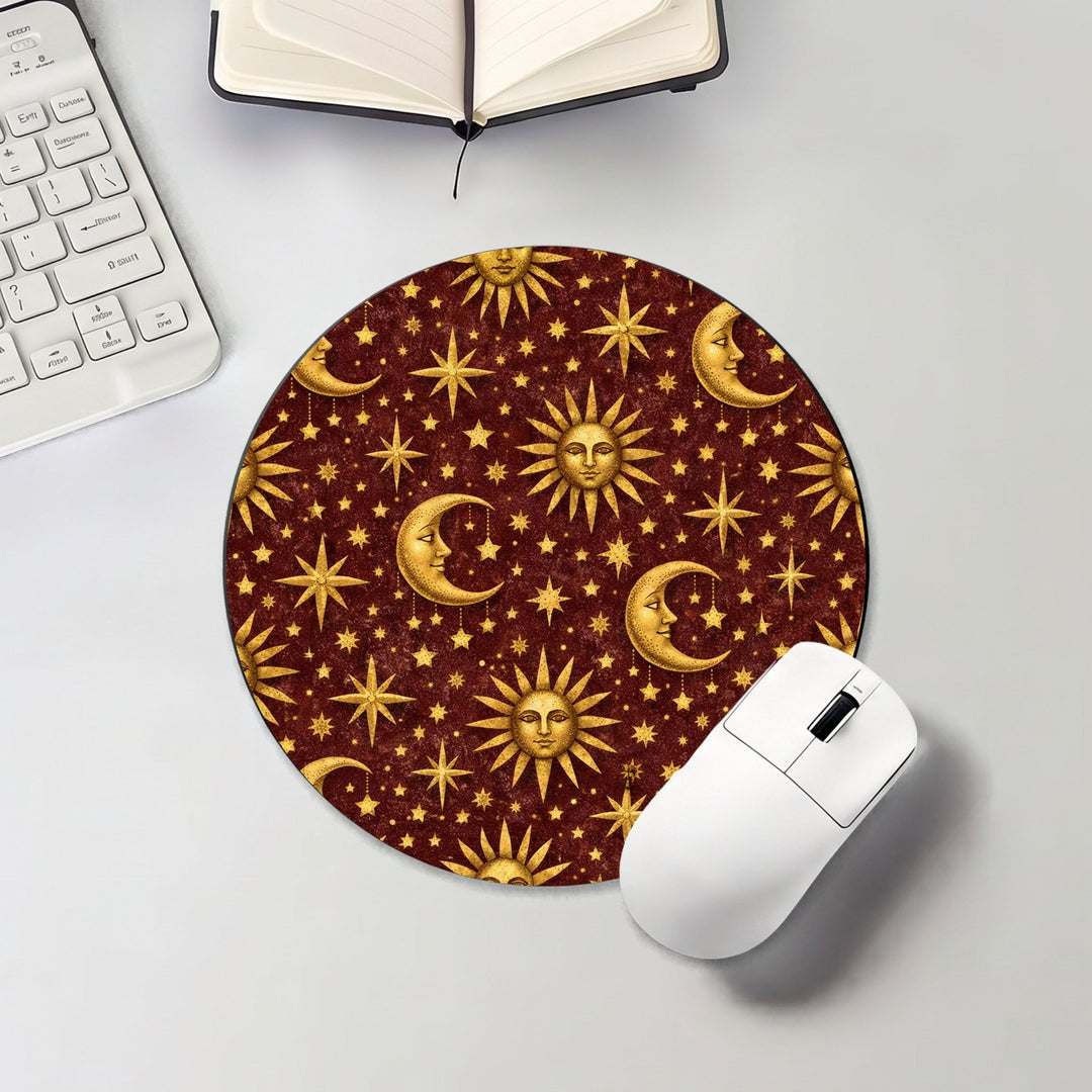 Halloween round mouse pad with celestial suns, moons and stars on burgundy