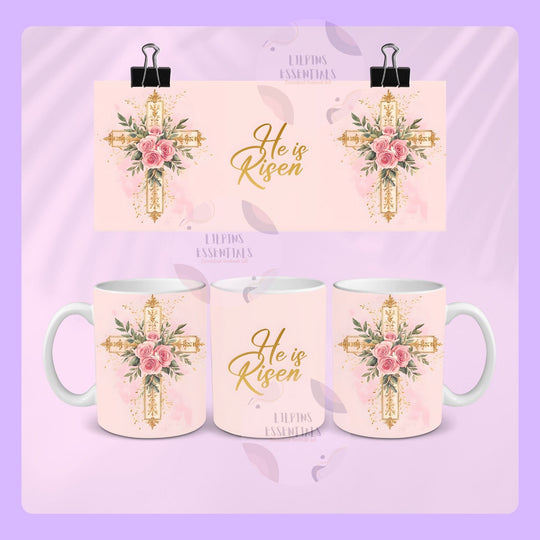 he is risen easter mug with floral cross christian design