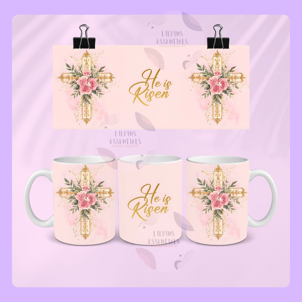 he is risen easter mug with floral cross christian design