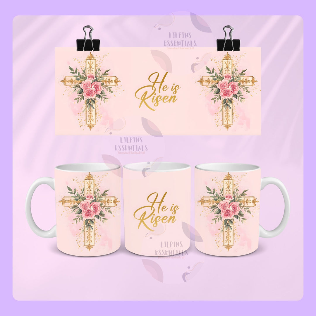 he is risen easter mug with floral cross christian design