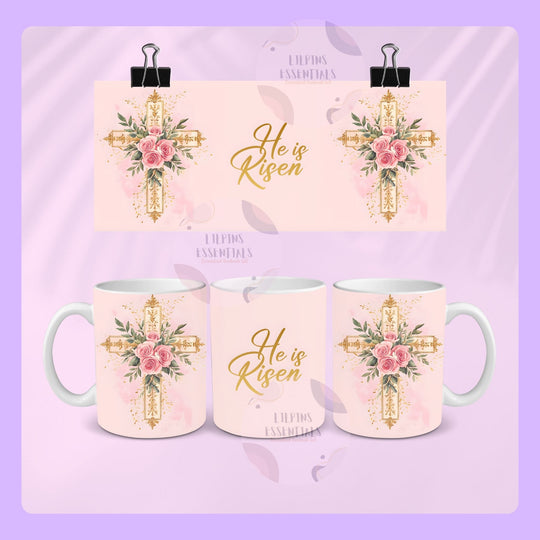 he is risen easter mug with floral cross christian design